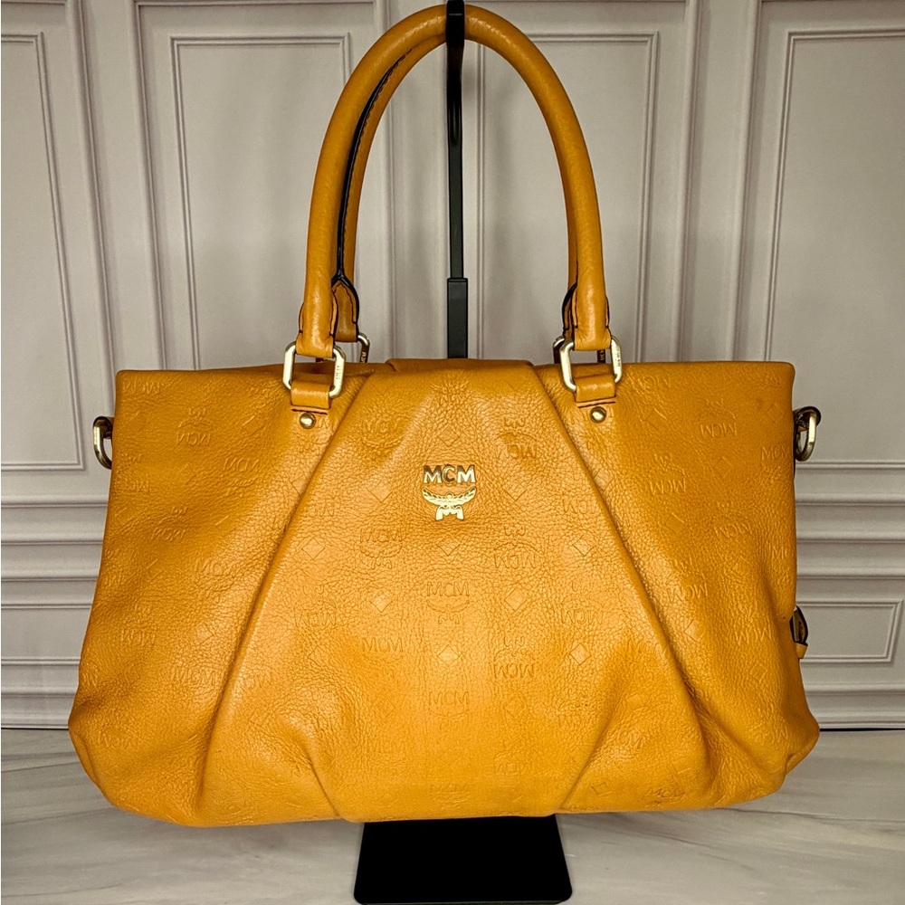 MCM Yellow Monogram Leather Satchel with Detachable Crossbody Strap | Like New